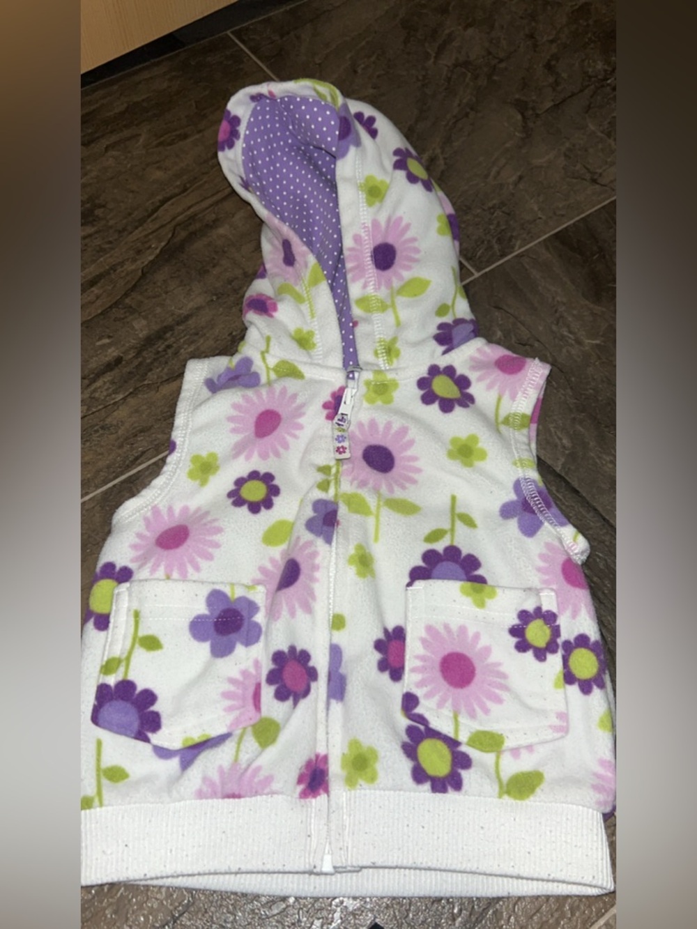 Carter's White Hooded Fleece Vest with Purple, Pink & Green Floral Pattern